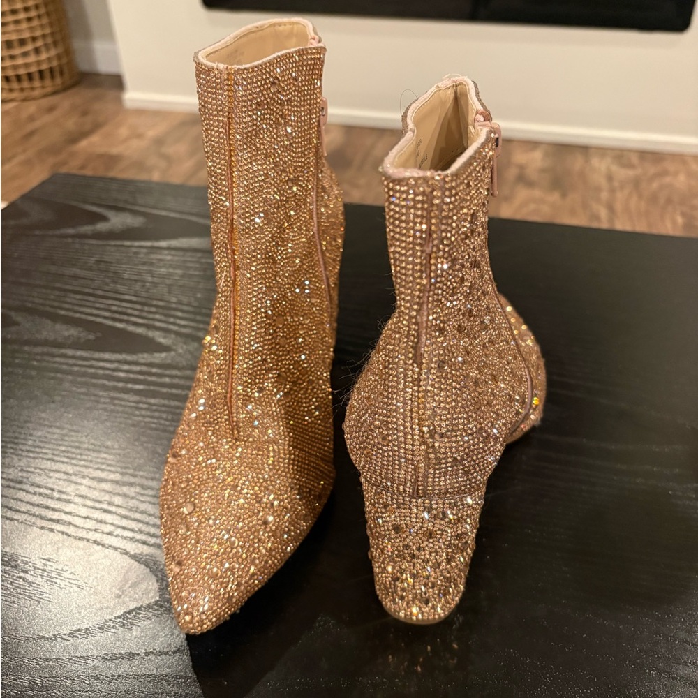 Betsey Johnson Rose Gold Crystal Embellished Pointed Ankle Boots